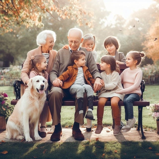 grandparents with their grandchildren sitting on a bench in a park